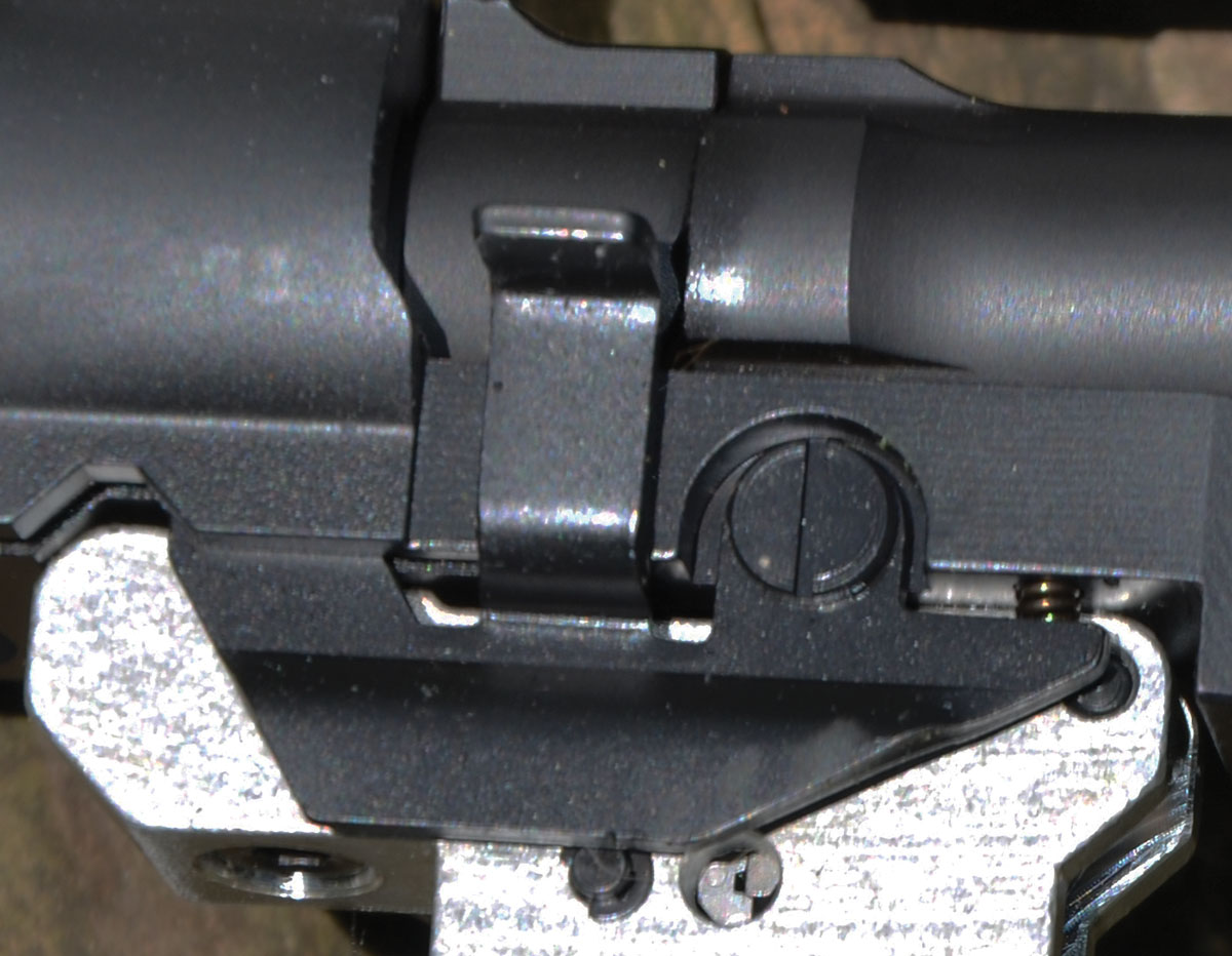 The Superlite has a Winchester Model 70-style bolt release. Holding down the tab shown here at he left-hand side of the receiver frees the bolt for removal.